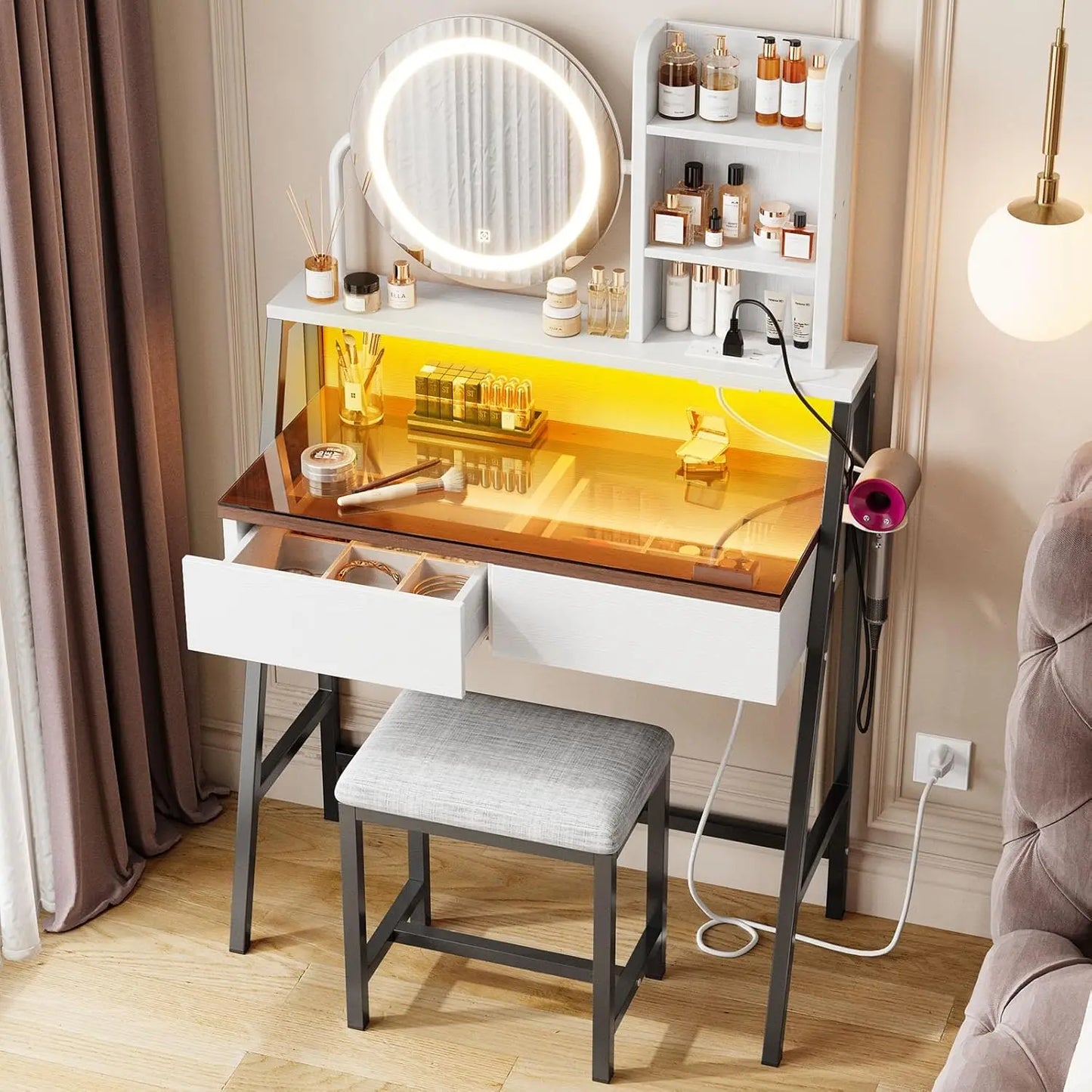 Ljustra Vanity Desk with Mirror and Lights Makeup Storage 2 Drawers