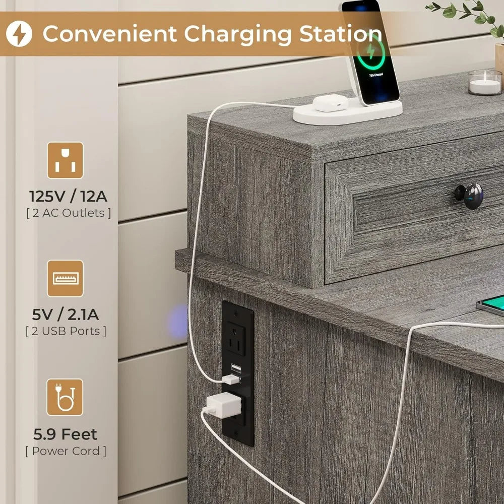 Farmhouse Executive Desk with Charging Station and LED Lights