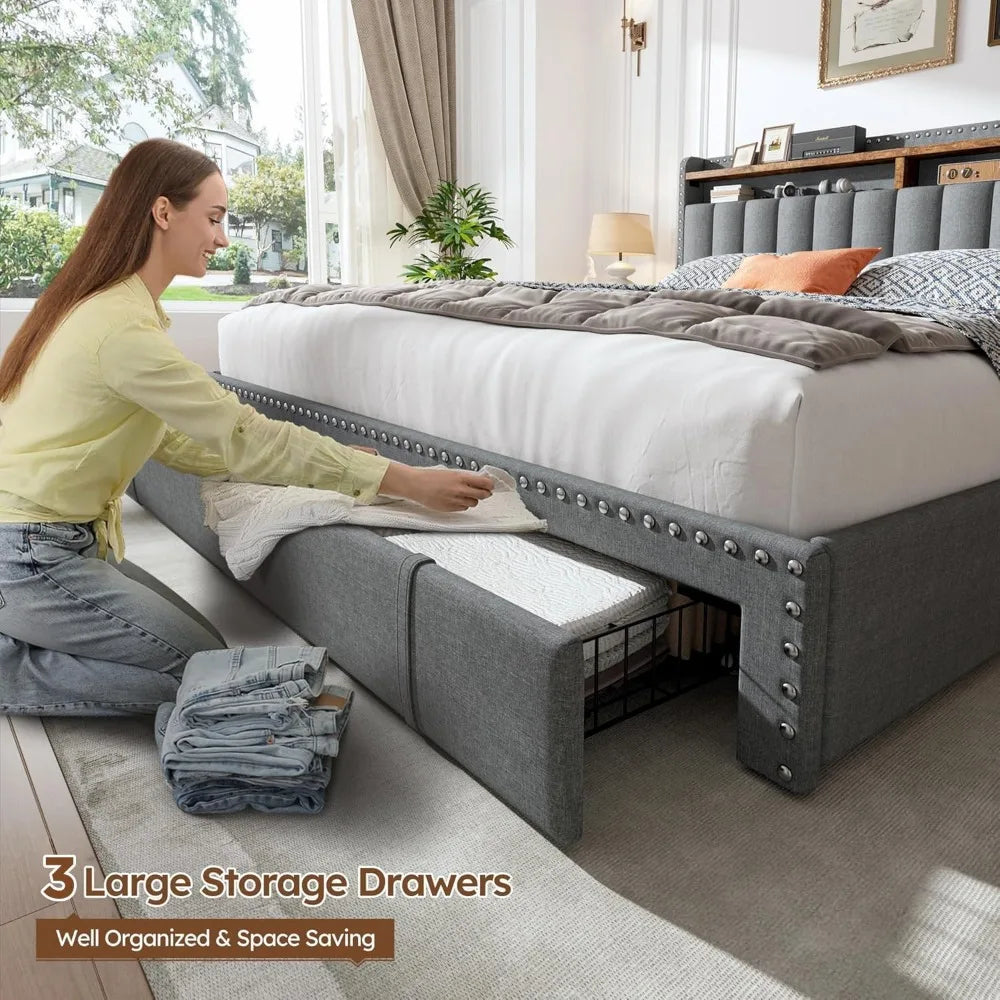 Ljustra Upholstered Queen Bed Frame with 3 Storage Drawers Strong Support