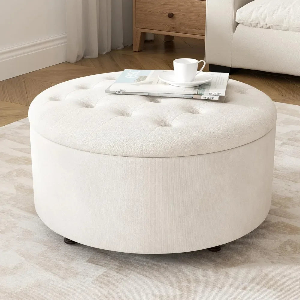30 Inch Round Storage Ottoman Modern Tufted Coffee Table Upholstered