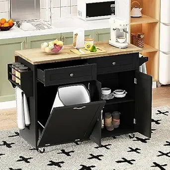 Large Kitchen Island with Drop Leaf Rolling Trash Cabinet on Wheels