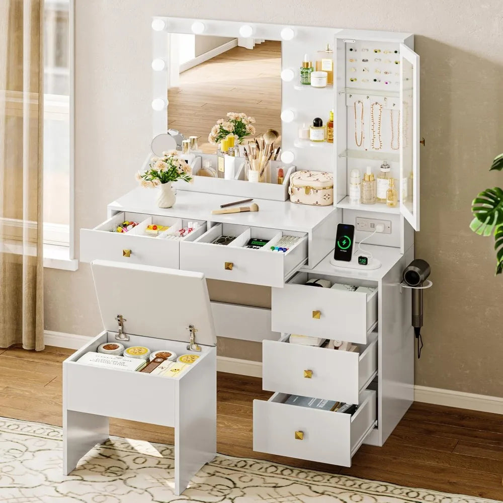Vanity Desk with Mirror and RGB LED Lights 5 Drawers Jewelry Organizer