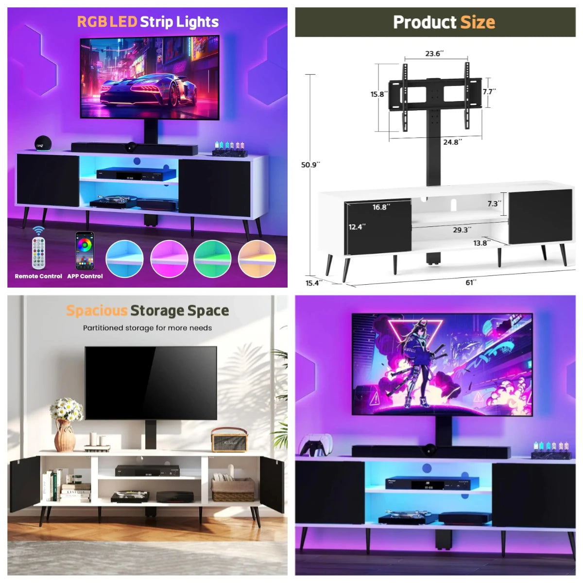 Modern Swivel TV Stand with Mount and LED Light for 70 Inch TVs