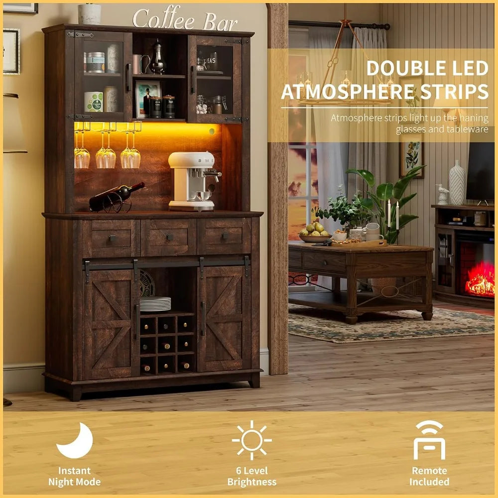 72 Inch Coffee Bar Wine Cabinet with Sliding Barn Door LED Lights