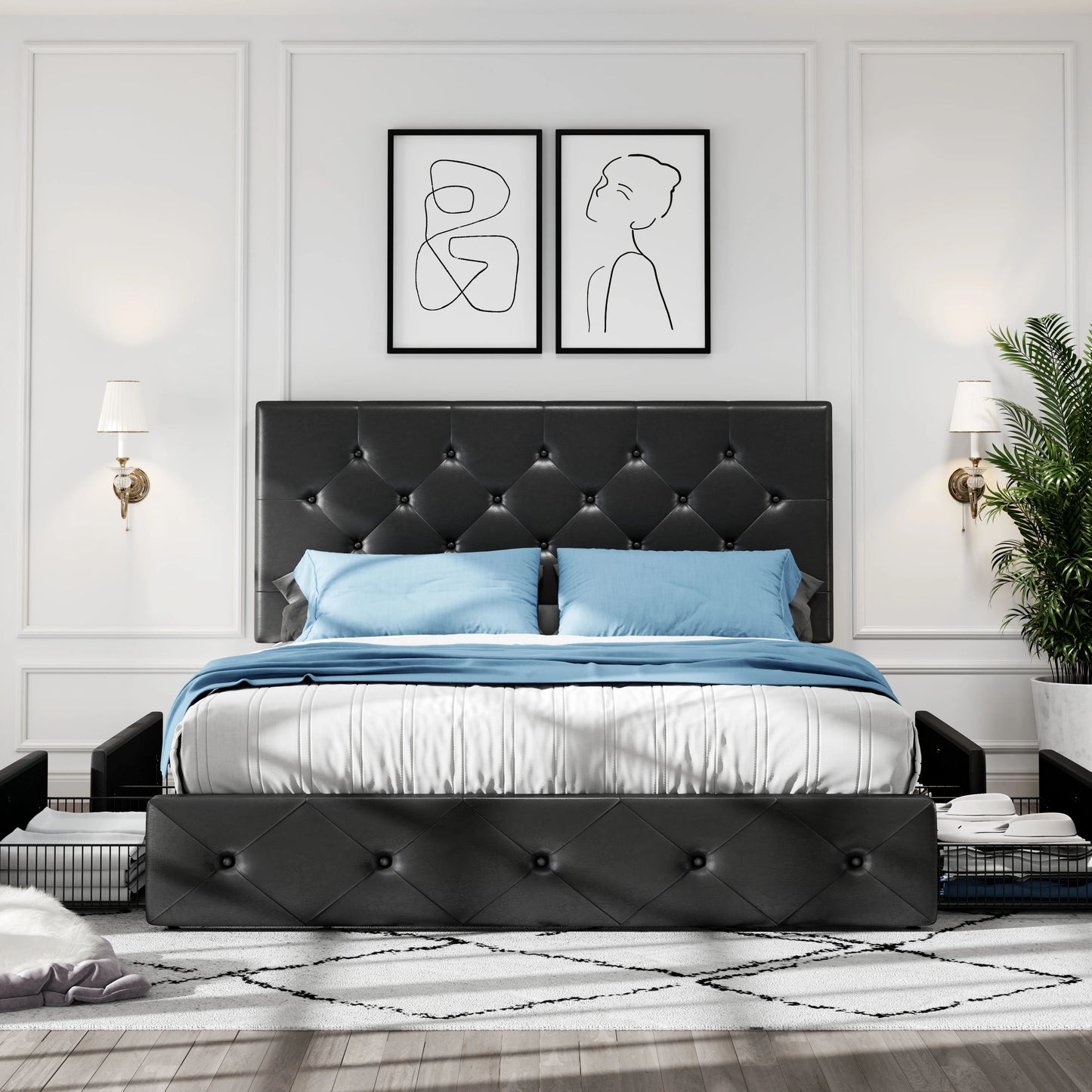 Ljustra Platform Storage Bed Frame 4 Drawers Adjustable Headboard Modern