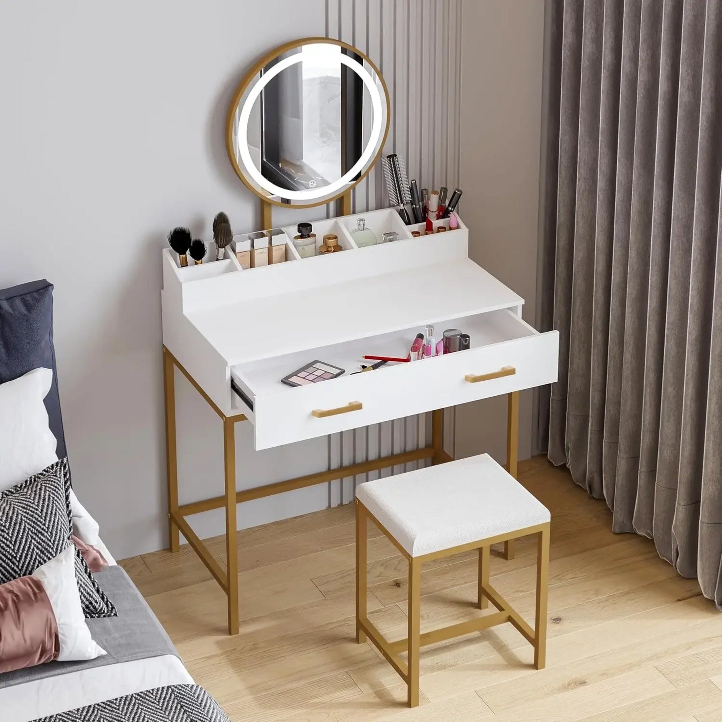 Makeup Vanity Desk with Mirror Lights Drawers Cushioned Stool Set
