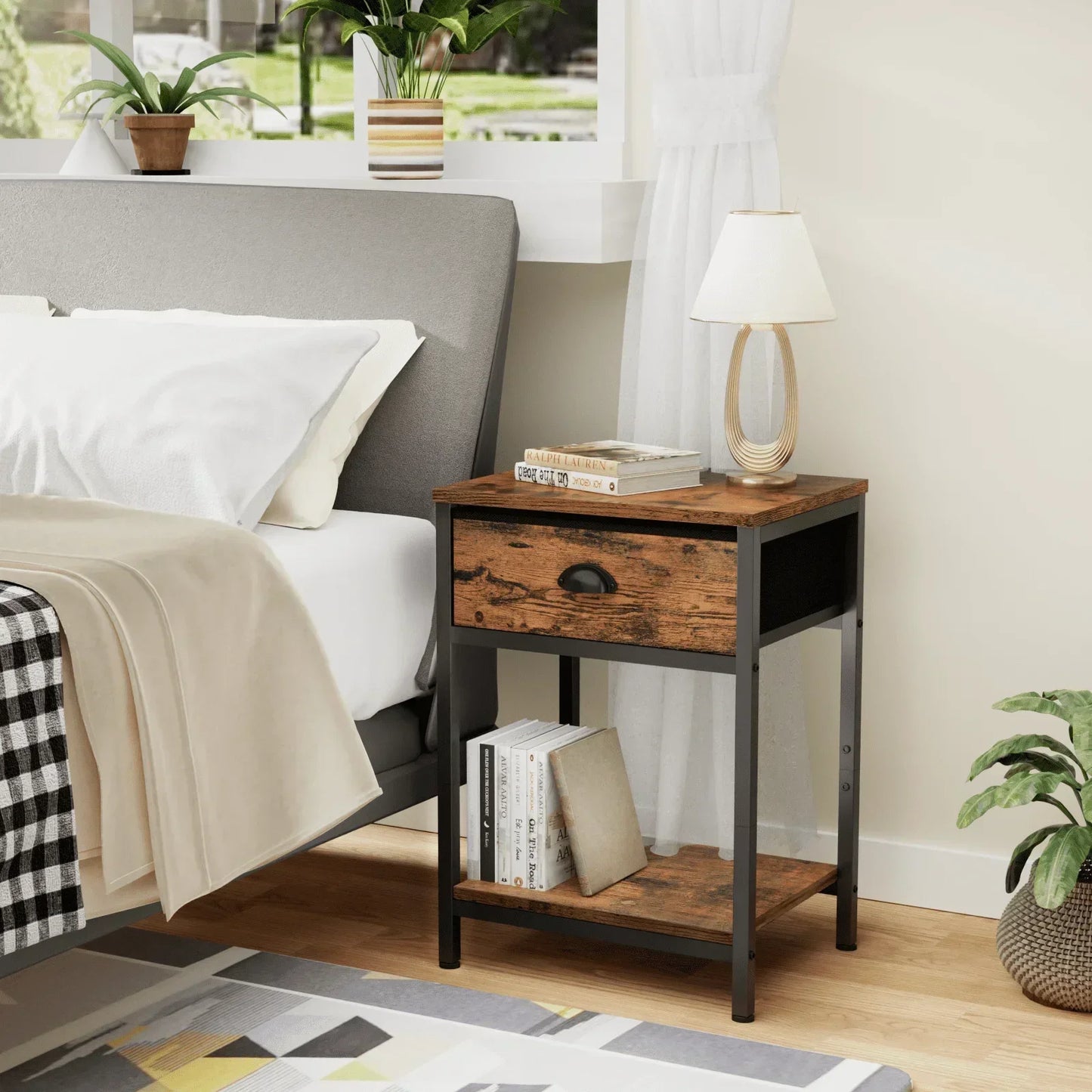 Nightstands Set of 2 Industrial End Table with Drawer and Storage Shelf