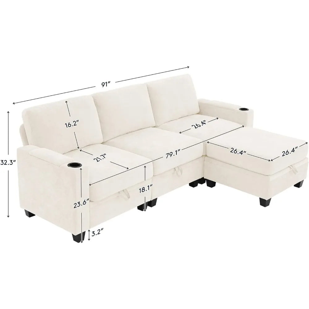 91 Inch Modular L Shaped Sectional Sofa with Storage Cup Holders