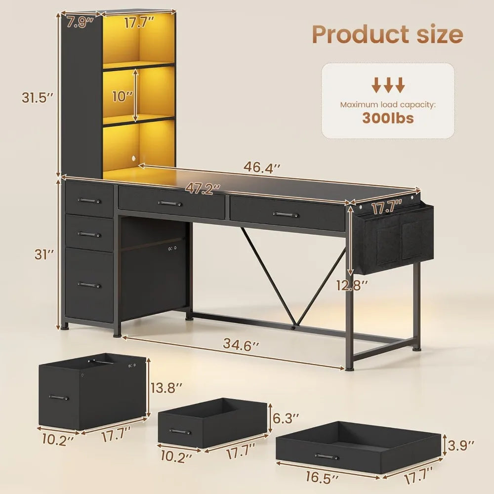 Computer Gaming Desk with 5 Drawers Bookshelf Reversible Home Office