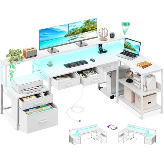 L Shaped Desk with 5 Drawers Reversible Power Outlet LED Lights Storage