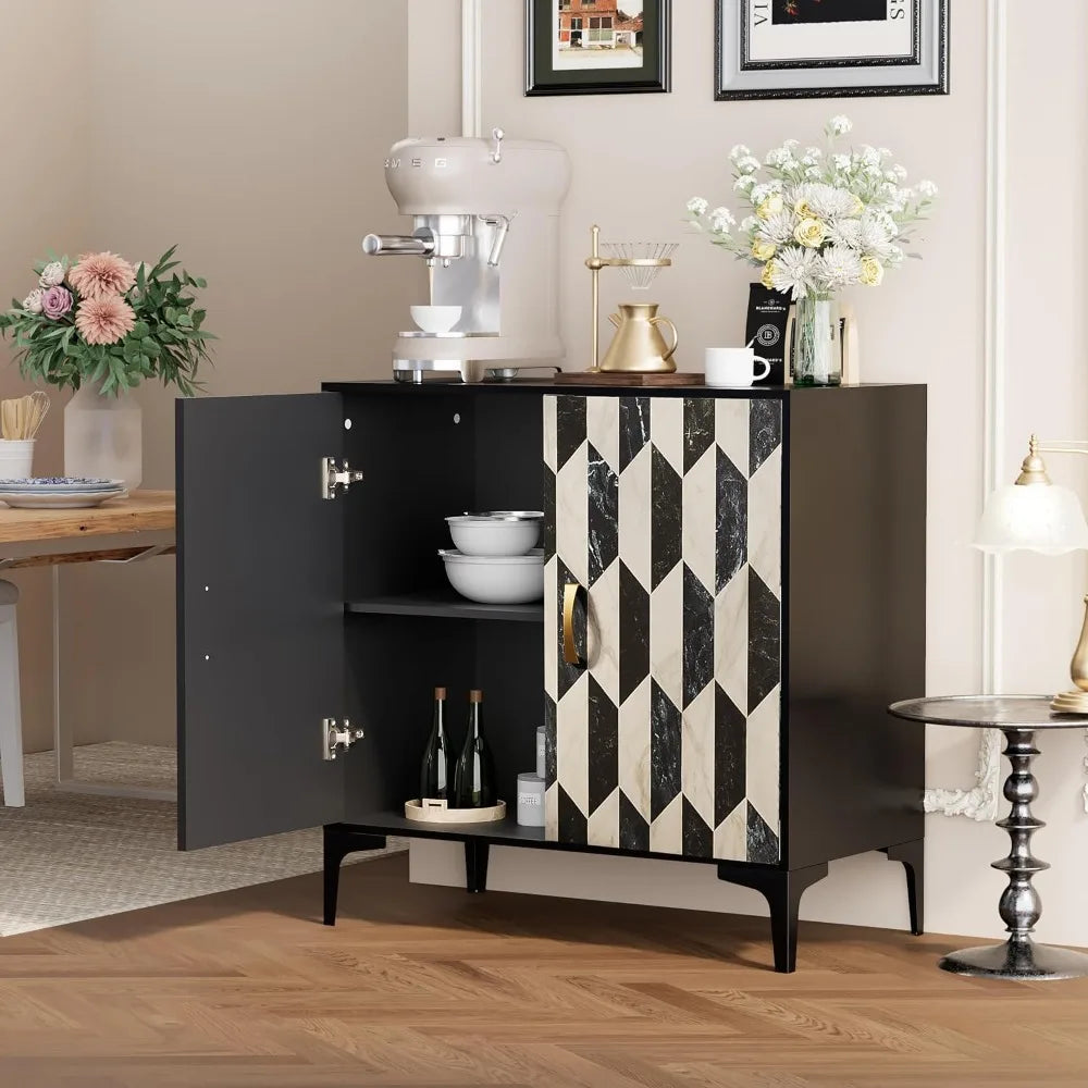 Black Sideboard Buffet Storage Cabinet with Faux Marble Doors 2 Packs