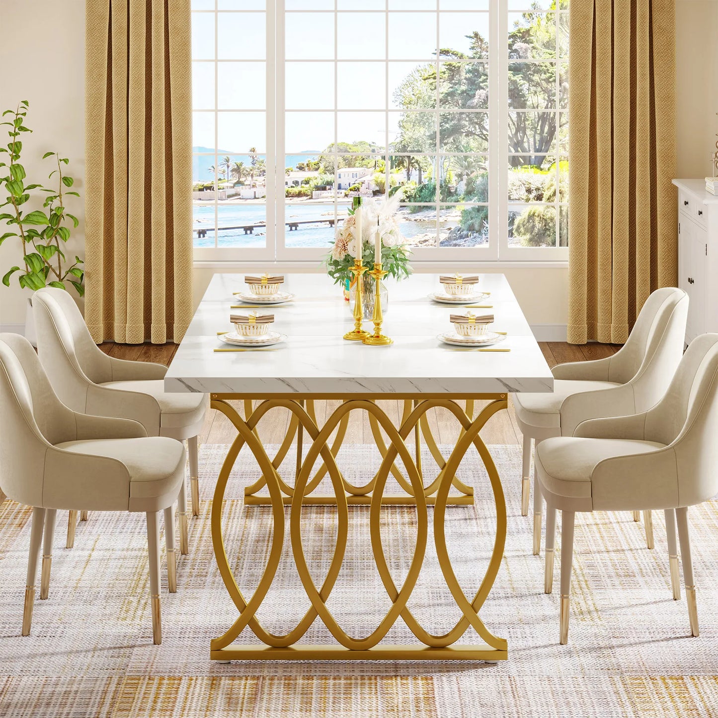 Ljustra 63 Inch Dining Table Rectangular Kitchen Faux Marble Modern Design