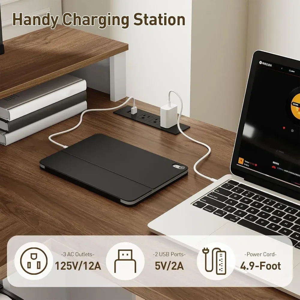 Farmhouse L Shaped Desk with Drawer and Charging Station for Home Office