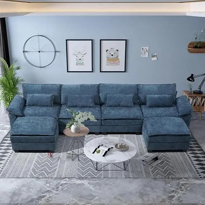 U-Shaped Modular Sectional Sofa with USB – Cloud Chenille Fabric Couch w/ Removable Covers