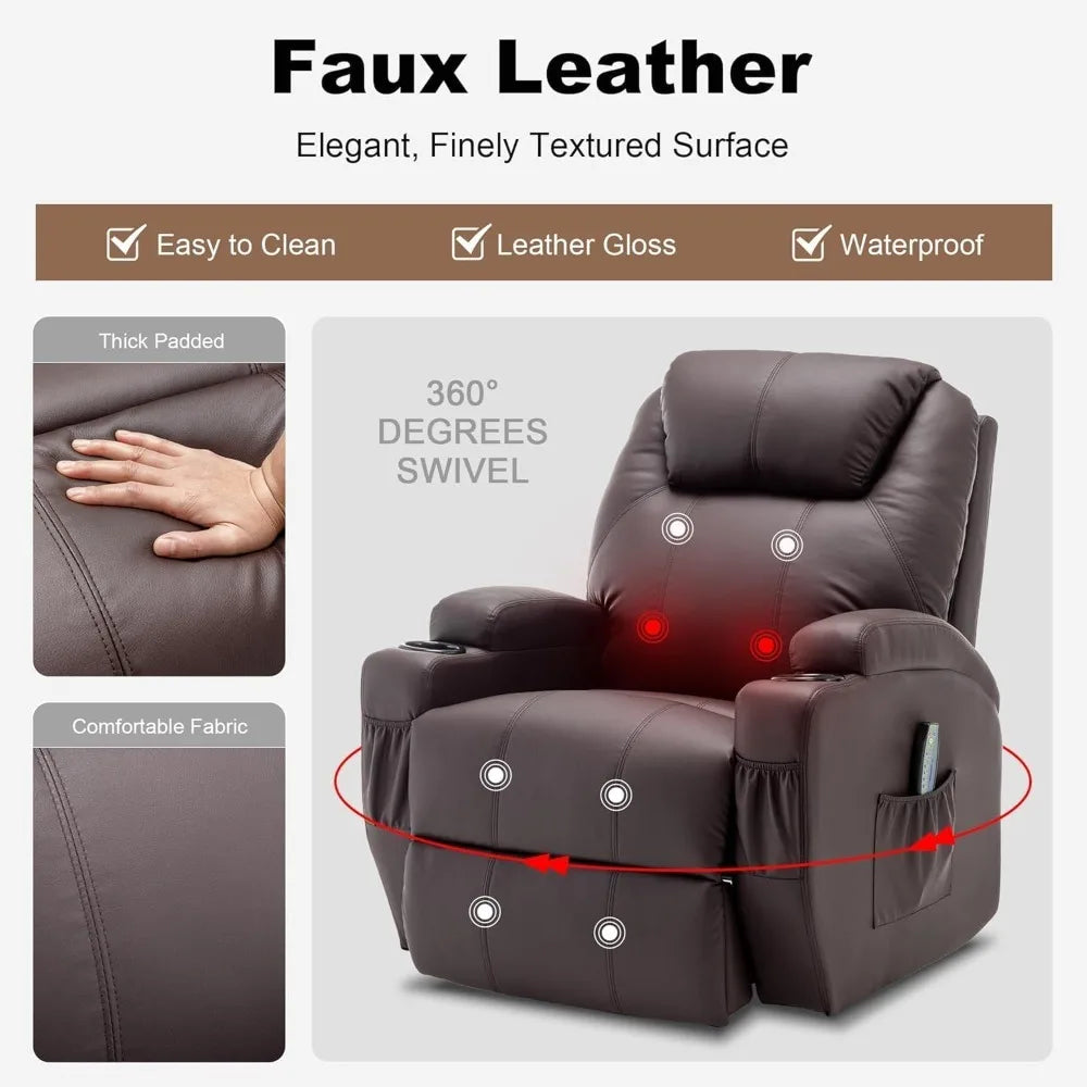 Rocker Recliner Chair with Massage and Heat 360° Swivel Cup Holder