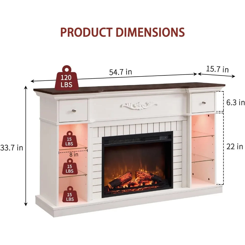 54 Inch Farmhouse Electric Fireplace TV Stand with LED Lighting Colors