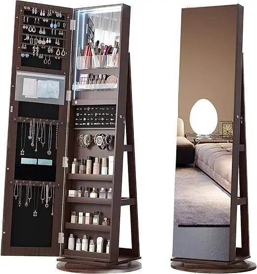 Full Length Mirror Jewelry Armoire with LED Lights and Storage