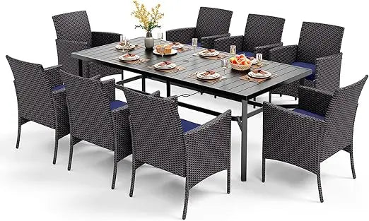 9 Piece Outdoor Dining Set for 8 with Wrought Iron Table and Wicker Chairs