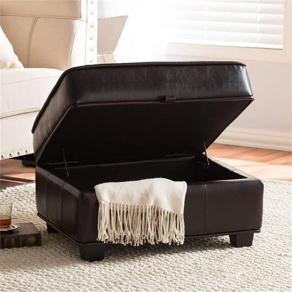 Leather Storage Ottoman Lift-Top Dark Brown Furniture Home Decor