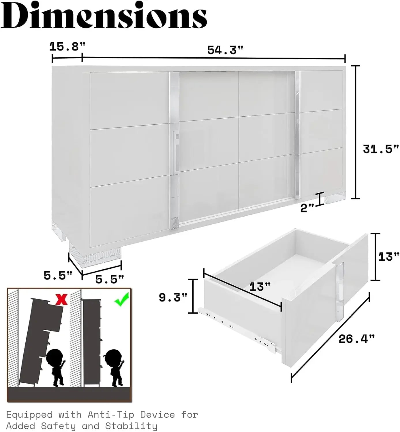54 Inch High Gloss 6 Drawer Dresser Modern Chest for Bedroom Storage