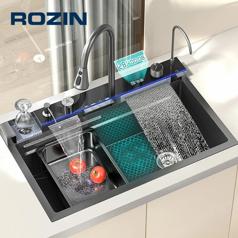 Large Stainless Steel Kitchen Sink with Waterfall Faucet and Display