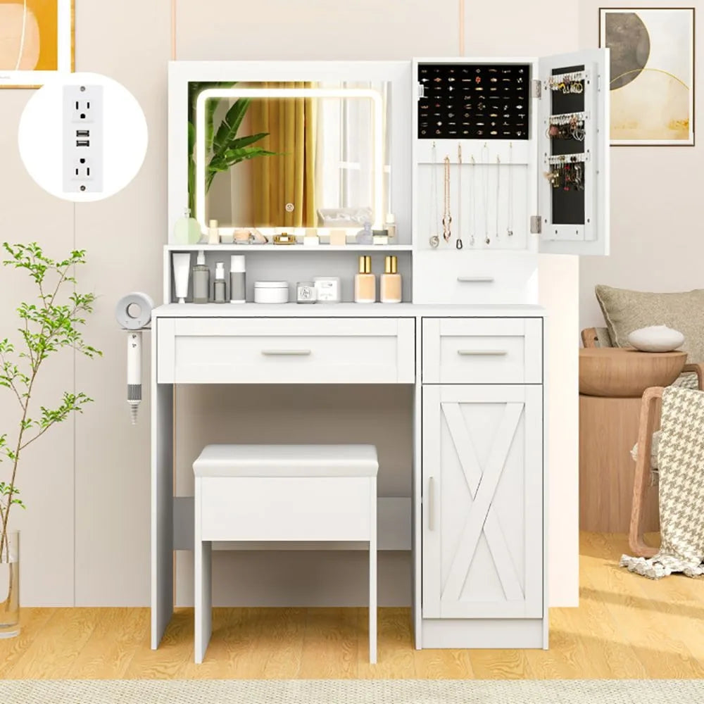 Makeup Vanity Desk with Mirror LED Lights Dressing Table and Stool Set