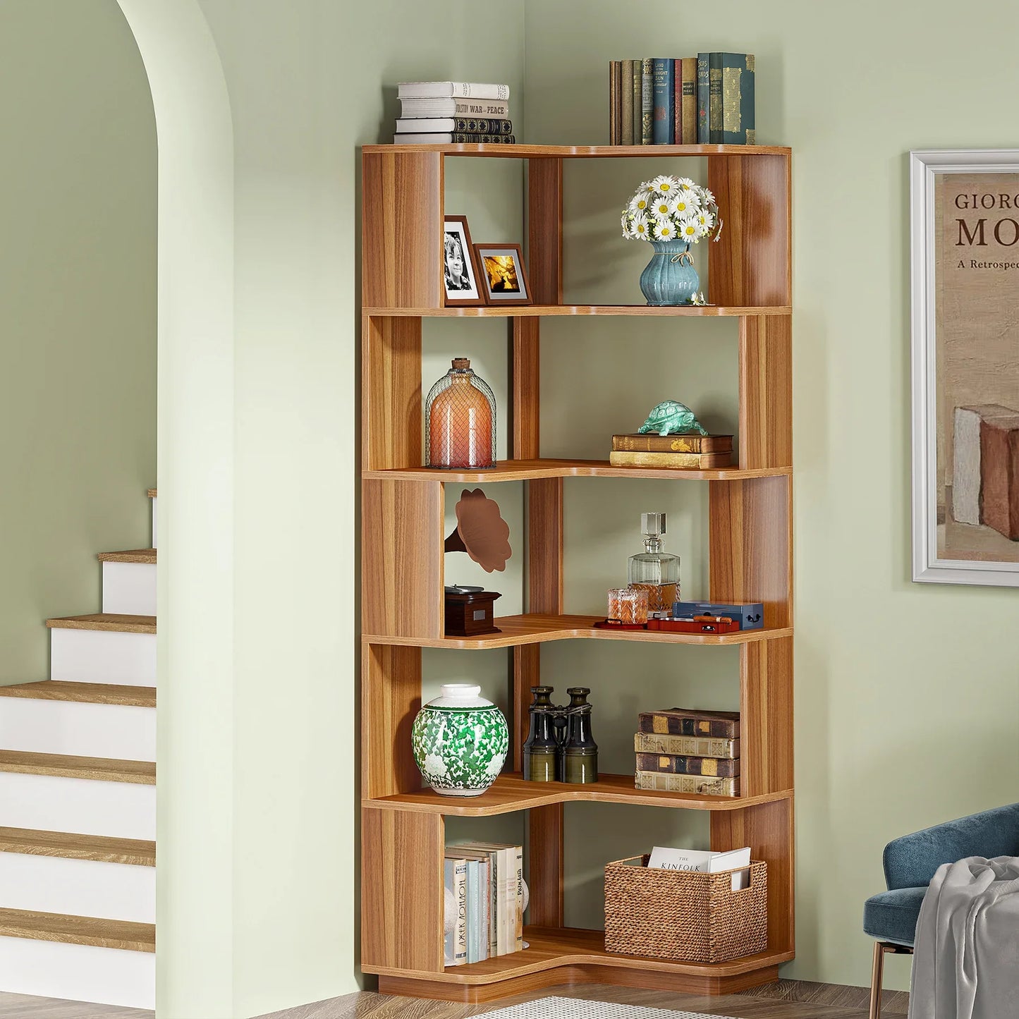 Ljustra 6 Tier Corner Bookshelf Industrial Wood Grain Bookcase