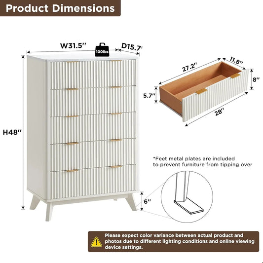 Fluted 5 Drawer Storage Dresser Tall Modern Chest Wooden Organizer