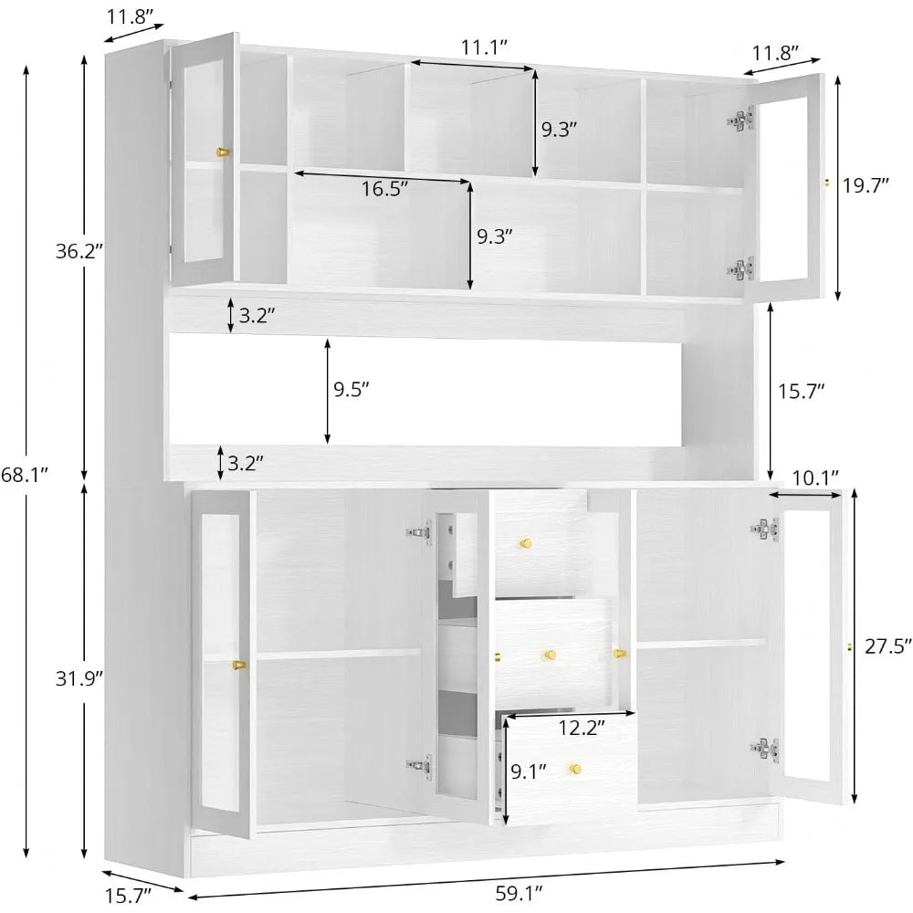 Large Kitchen Hutch Cabinet Storage with Glass Doors Drawers Microwave Shelf