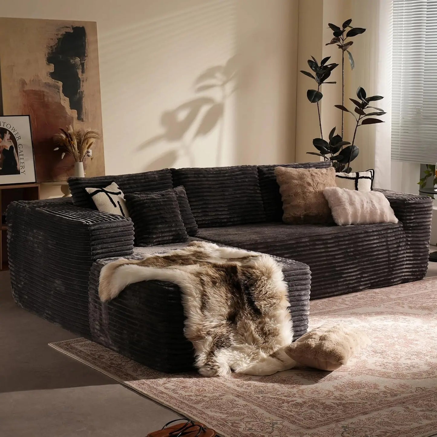 Ljustra 106" Modern L-Shaped Sectional Couch, Fluffy Corduroy Sofa, No Assembly Required