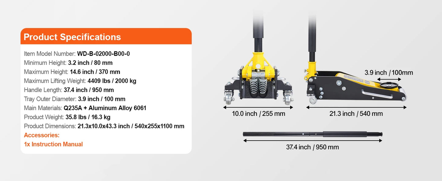 Ljustra Hydraulic Floor Jack 3 Ton Low Profile Aluminum Auto Repair Tool