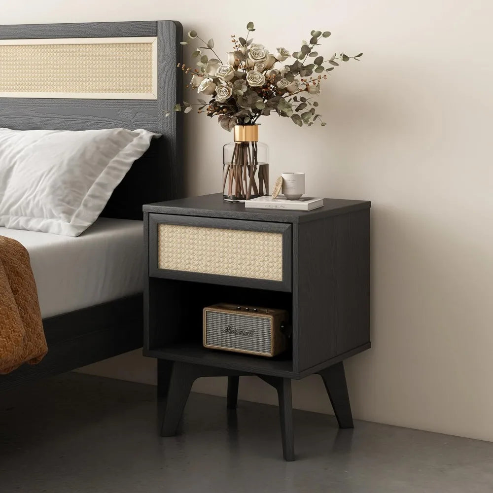 Boho Nightstand Rattan Drawer Open Shelf Black Wood Mid Century Modern
