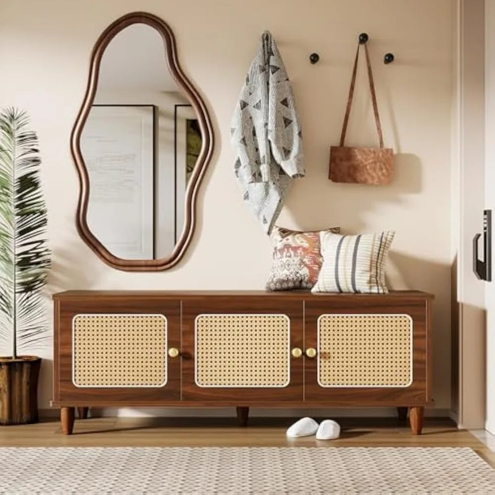 Ljustra Shoe Bench Lift Top Storage 2-Tier Entryway Cabinet Rattan Doors