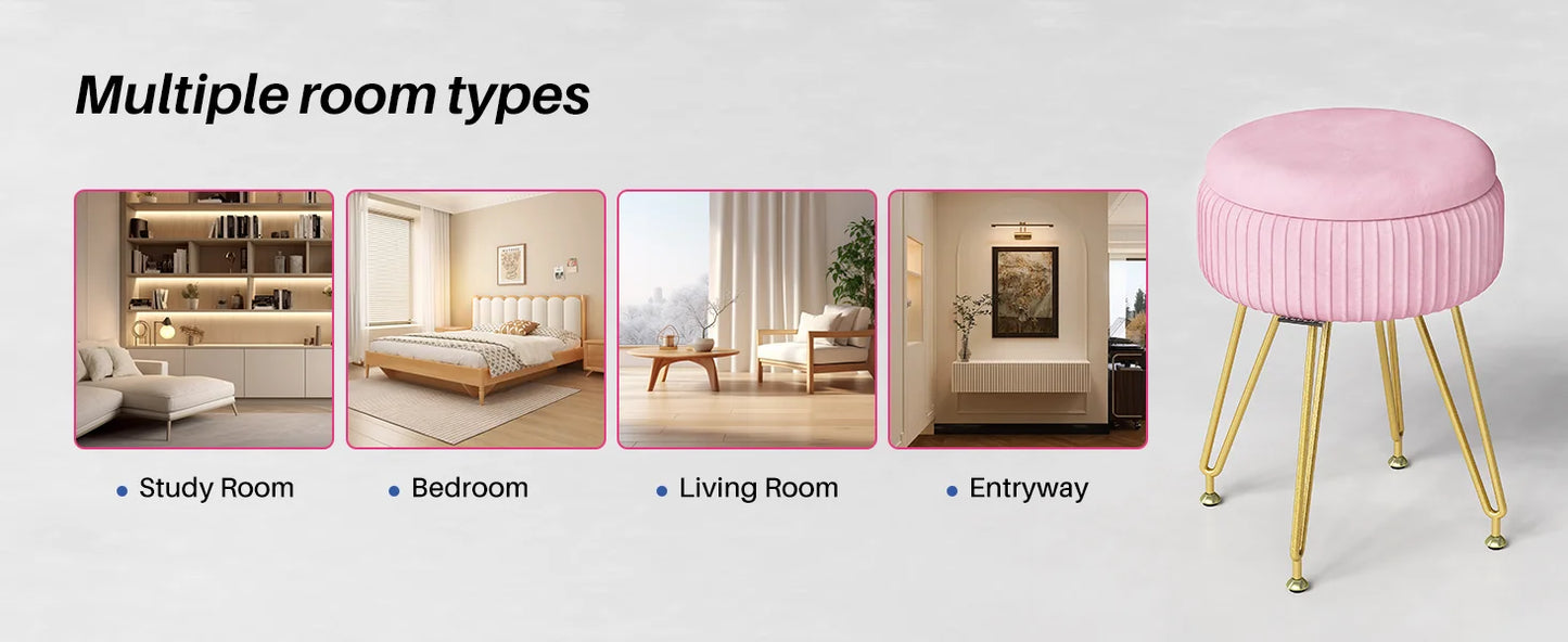 Redlife Velvet Vanity Stool Chair with Storage Makeup Footrest Living Room