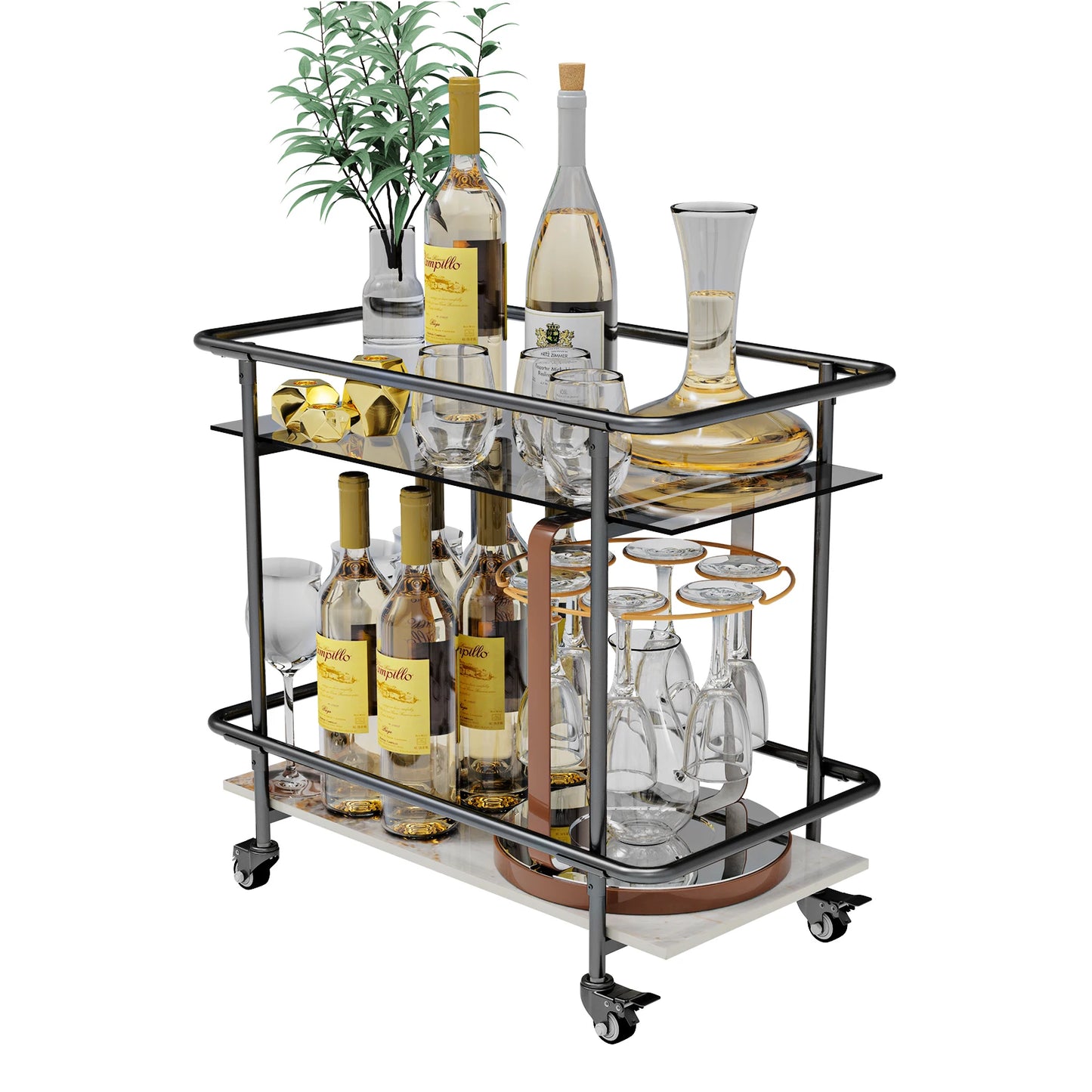 Luxury Modern Rolling Bar Cart 2-Tier Serving Cart with Lockable Wheels