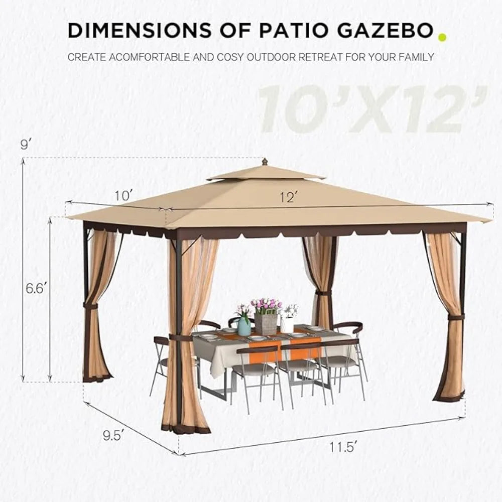 Gazebo with Mosquito Netting Dual Air Roof 10x12 Sturdy Metal Patio