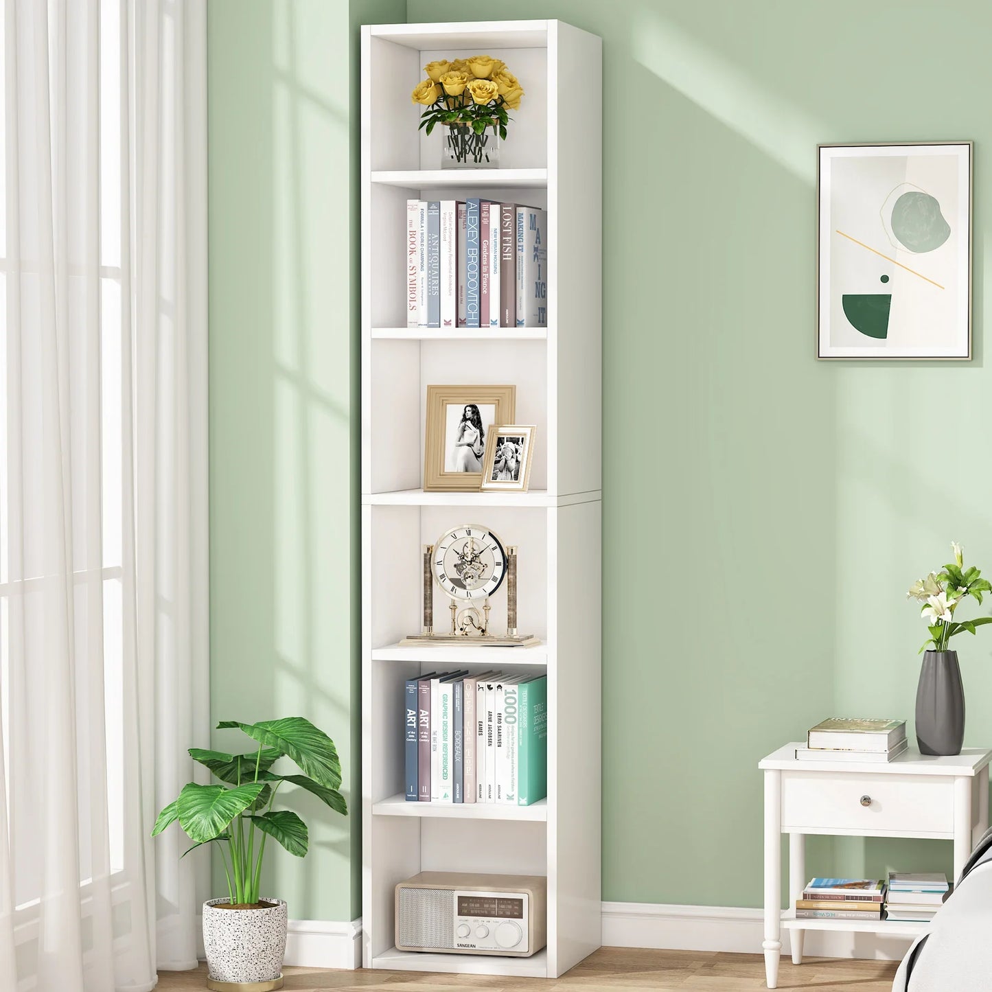 Ljustra 70.9 Inch Tall Narrow Bookcase Modern White Corner Storage Shelf