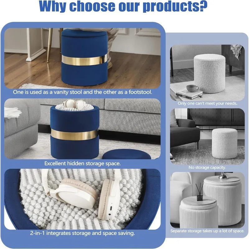 Ljustra Round Set of 2 Storage Ottomans Upholstered Velvet Stool