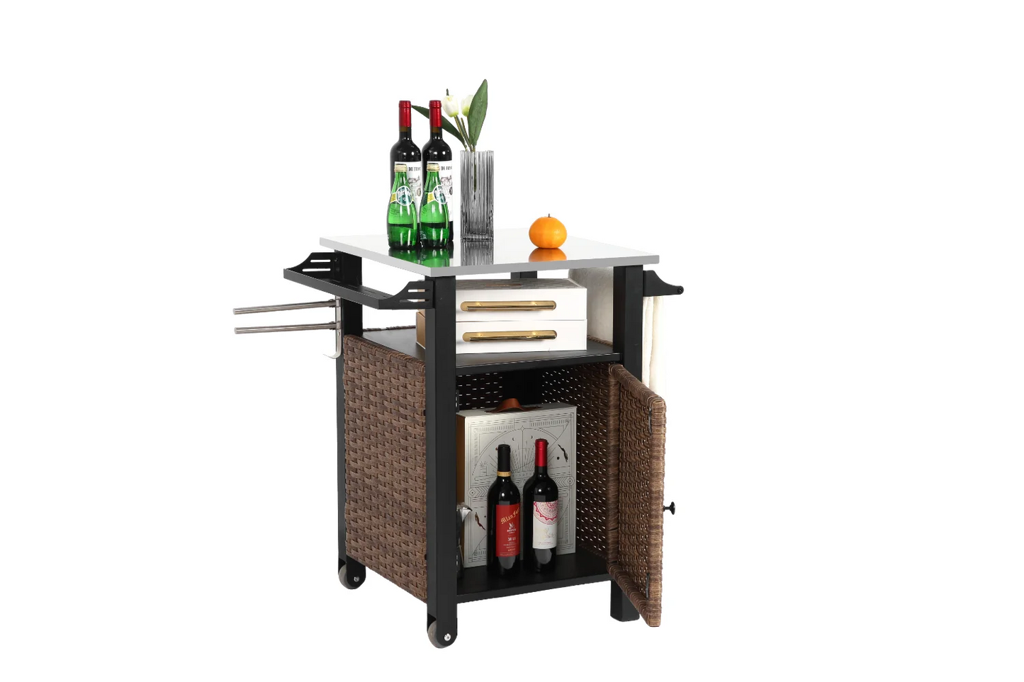 Single Door Bar Cart Outdoor Kitchen Wicker Rolling Cart Storage Cabinet