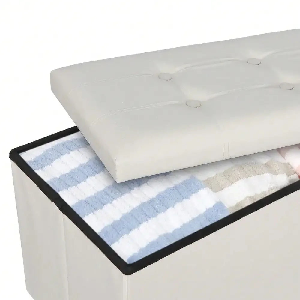 30 Inch Sturdy Ottoman Footstool Soft Leather Cover Storage Foldable