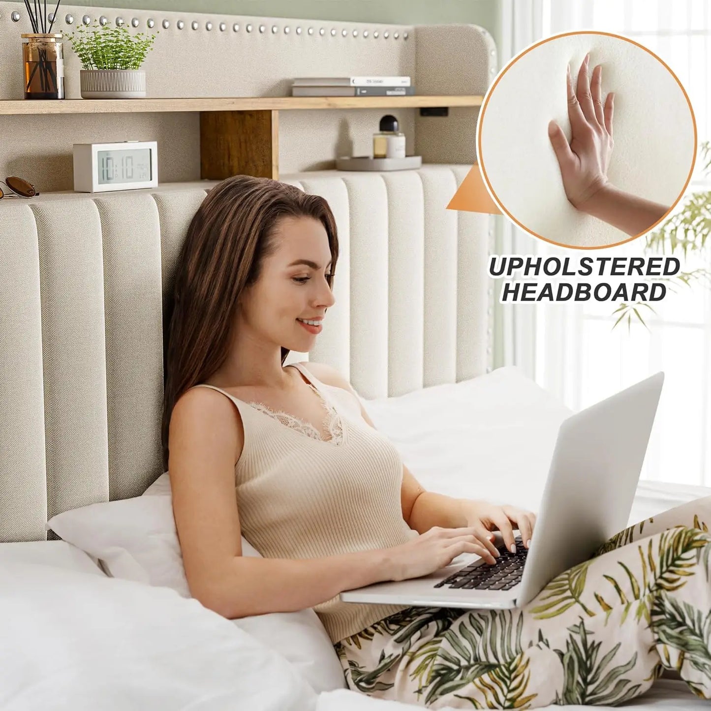 Twin Size Bed Frame with 2-Tier Storage Headboard Upholstered Platform