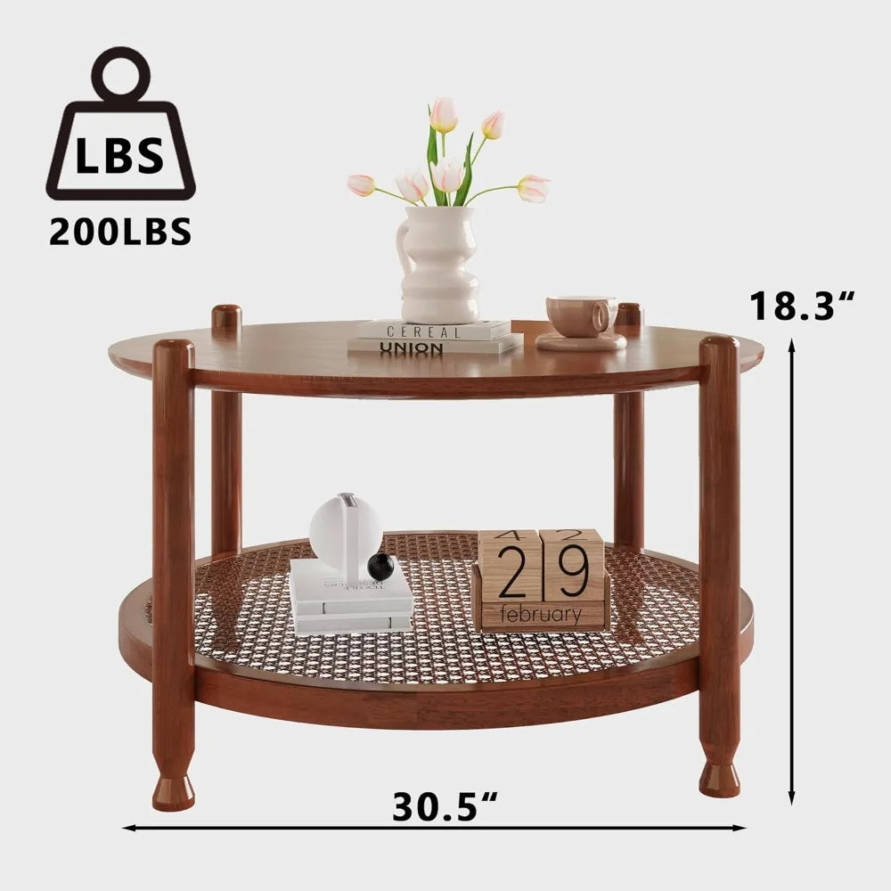 32 Inch Round Coffee Table Rustic Wood 2-Tier Boho Woven Storage