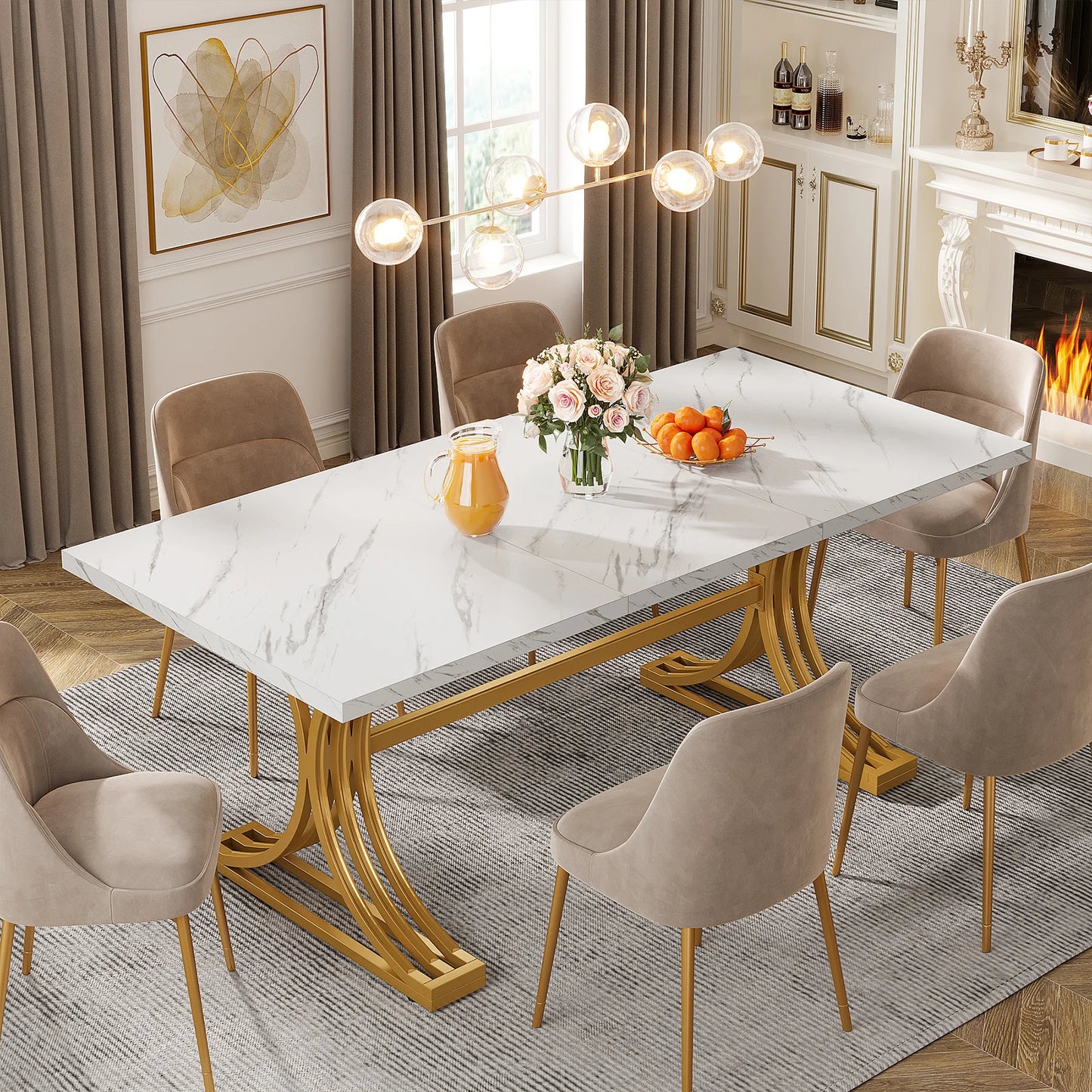 Ljustra 63 Inch Dining Table Rectangular Kitchen Faux Marble Modern Design