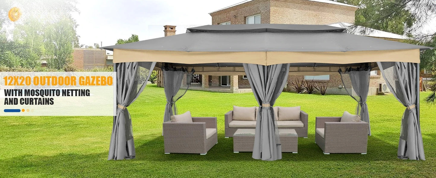 12x20 Outdoor Gazebo with Privacy Curtains Mosquito Netting Metal Frame