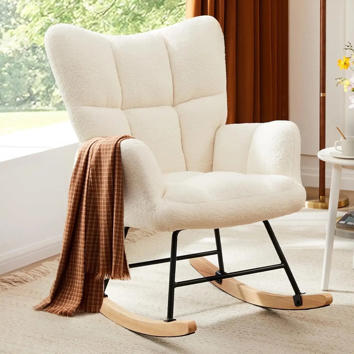 Rocking Chair Nursery Teddy Upholstered Glider High Backrest Reading Chair
