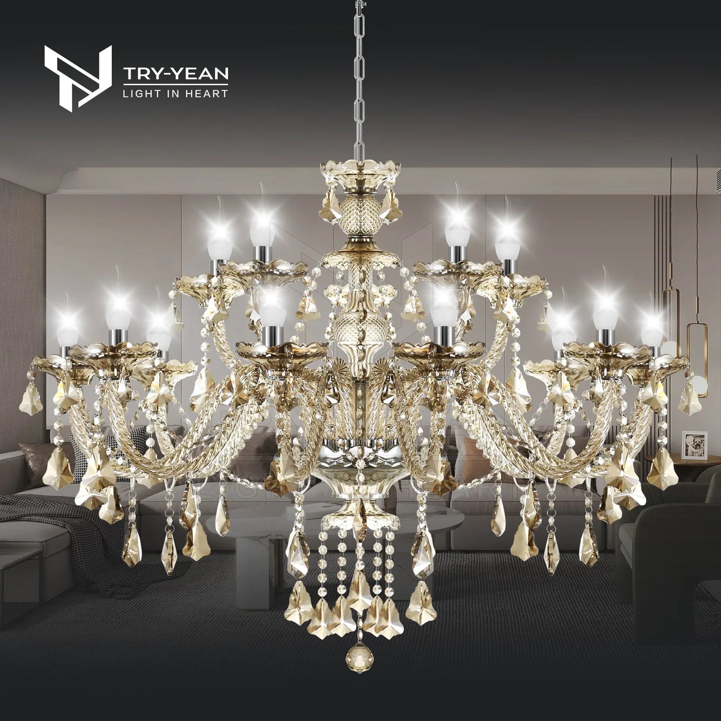 15 Arms Crystal Chandelier Pendant Light Modern K9 for Living Room