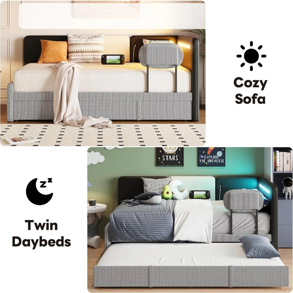 Daybed with Trundle Twin Bed Frame Upholstered LED USB Charging