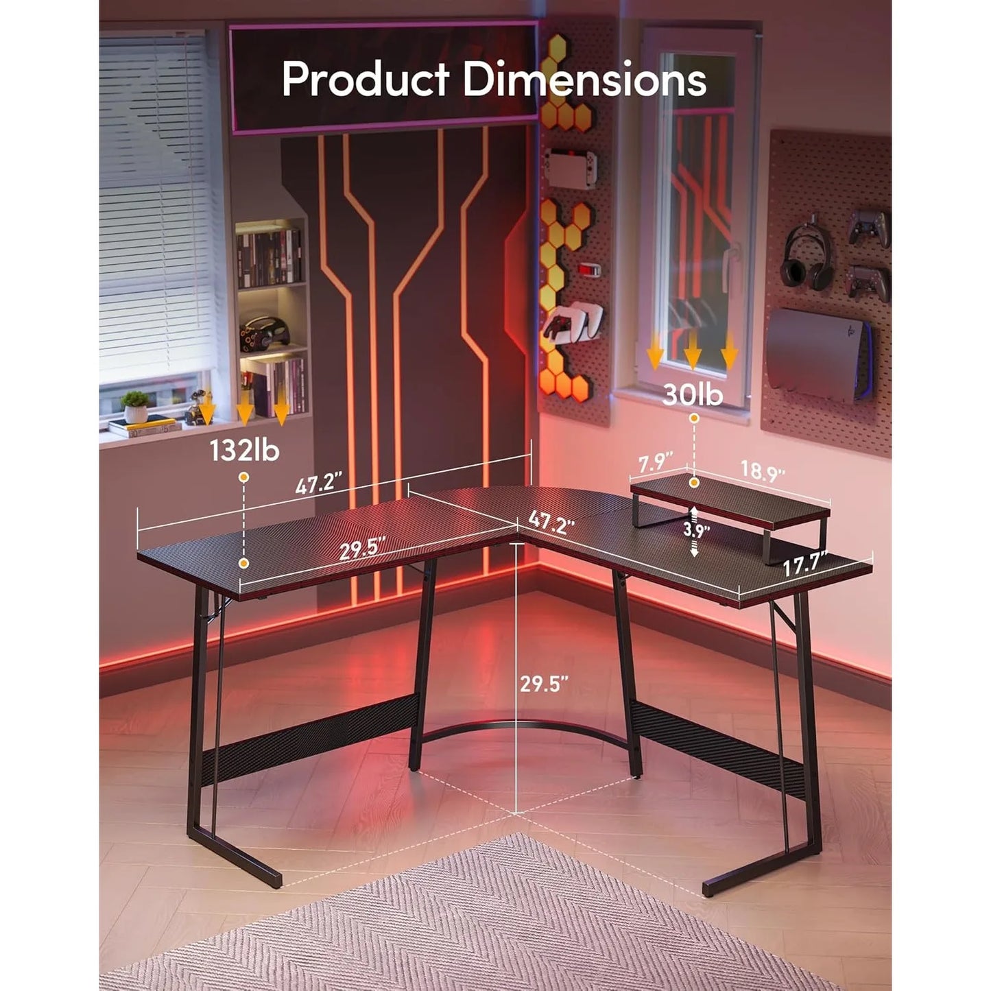 L Shaped Gaming Desk Corner Office Desk Carbon Fiber Monitor Stand 47 Inch