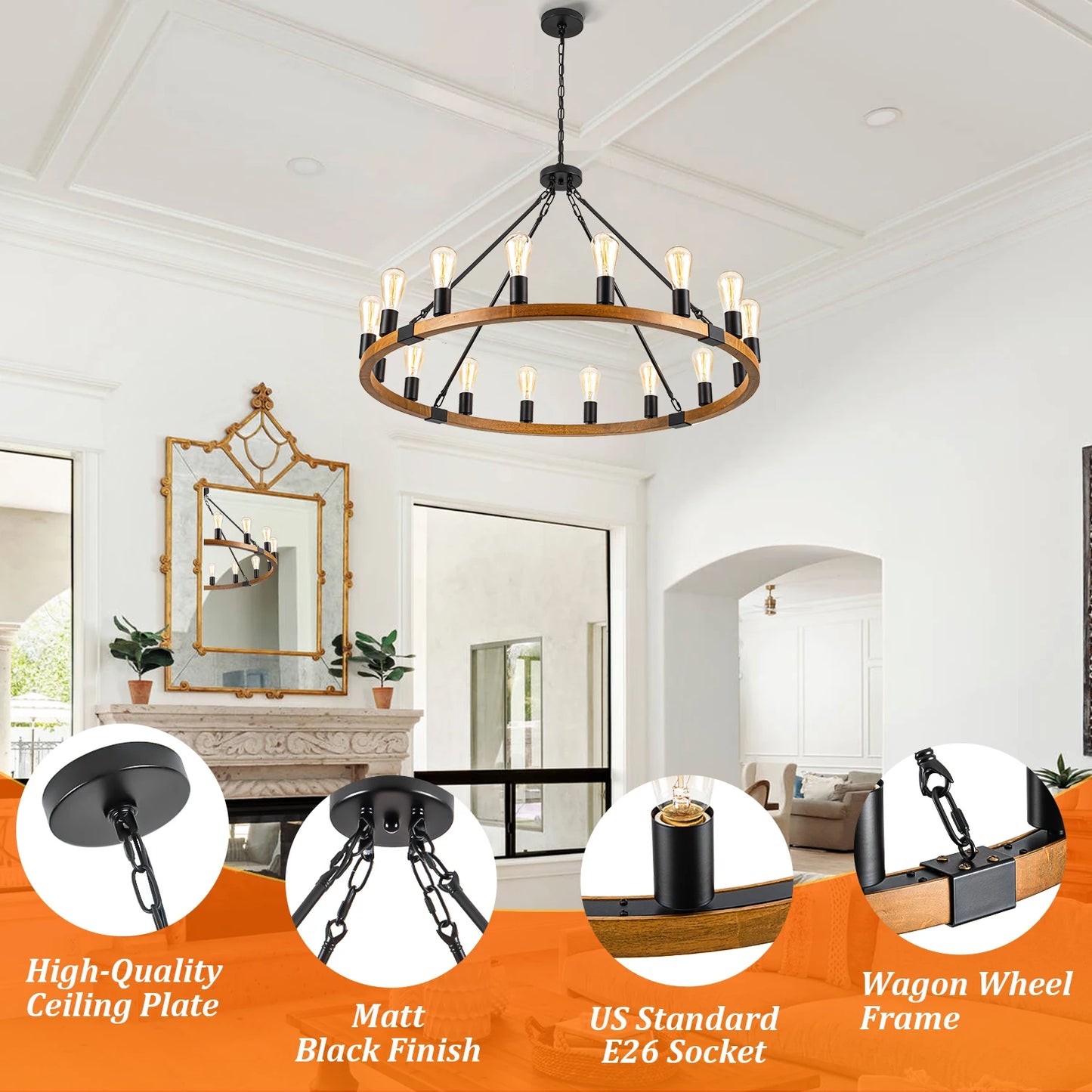 Wood Wagon Wheel Chandelier Rustic Farmhouse 16-Light Pendant Light