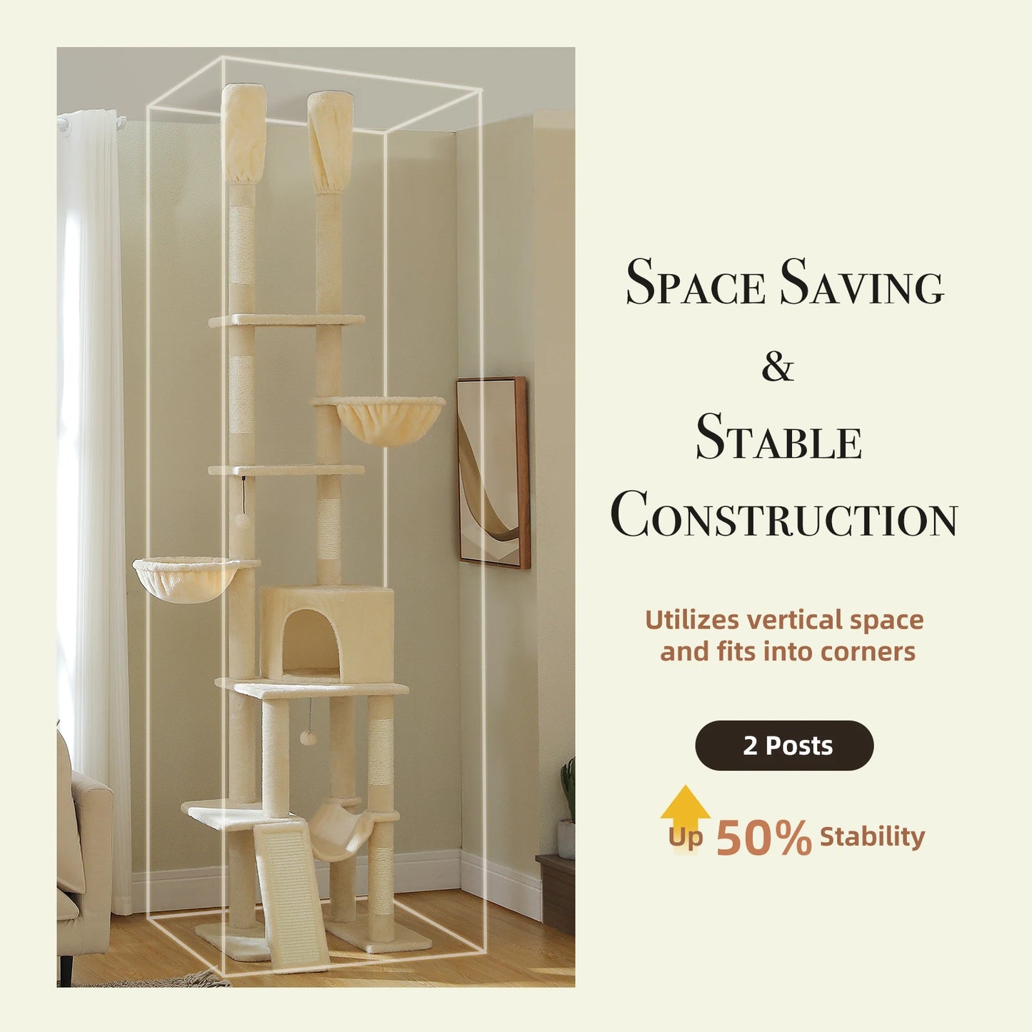 Cactus Cat Tree Floor to Ceiling Cat Tower 7 Tiers with Hammocks and Scratching Posts